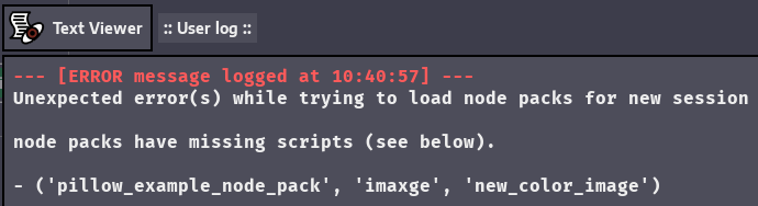 User log with error information (missing node scripts).